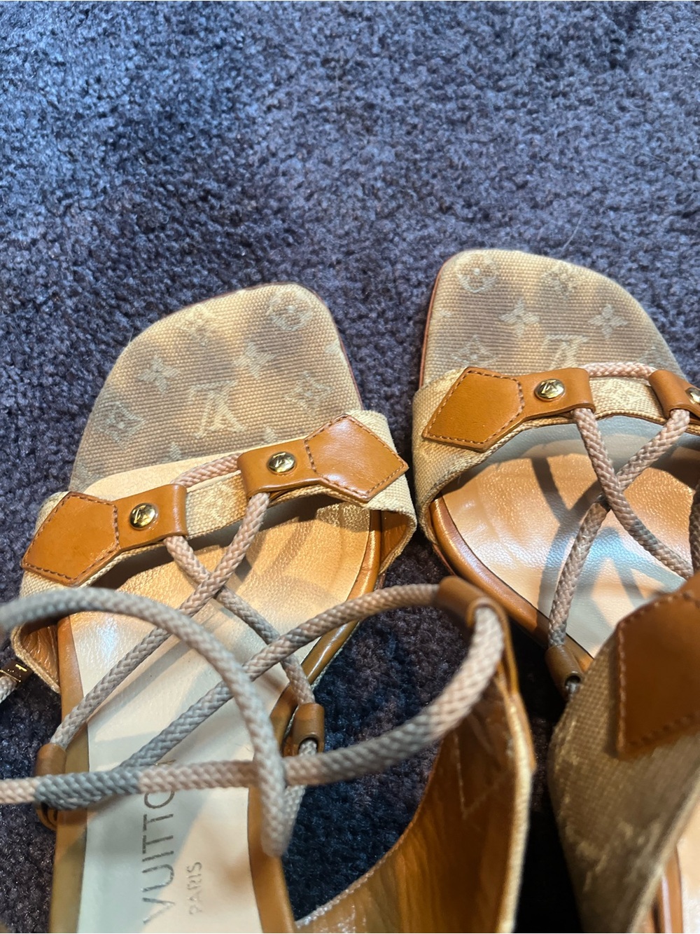 Vintage LoyVuitton Monogram Lucie Beige Mule Wedge Sandals size 39 - Picture 9 of 11